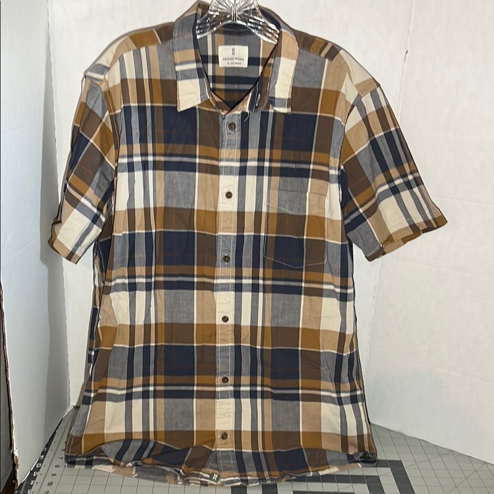 Casual Blue and Brown Plaid Button Down Shirt